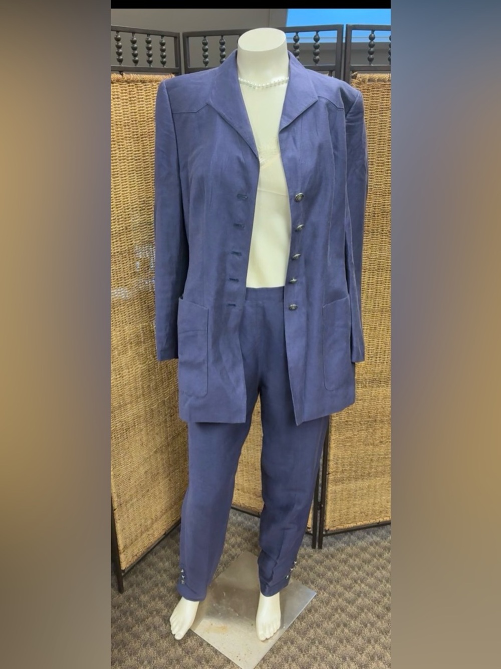 Escada Margaretha Ley Linen Suit Set Blue EU 40 Blazer Pants Vintage Designer - Picture 9 of 9